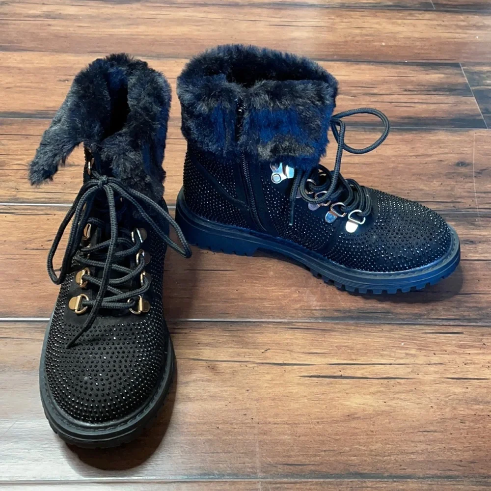 Report boots black rhinestones boots size 3 faux fur trim work‎ boot style